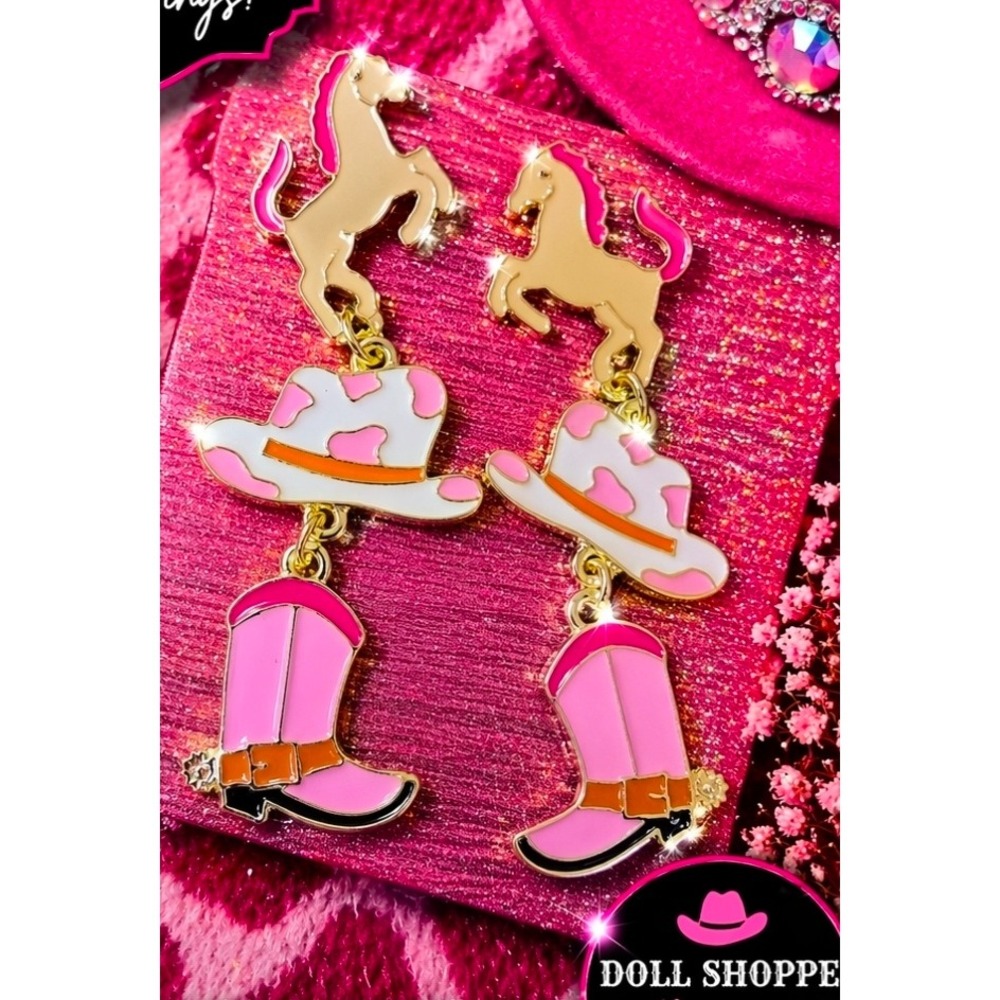 Barbie Western Pink Cowgirl Boot Earrings | Gold Tone Horse & Hat Earrings